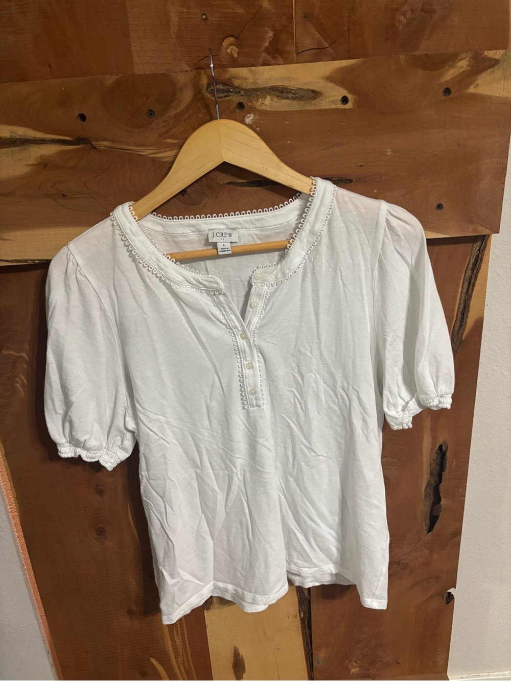 J. Crew Cream Puff Sleeve Henley Top with Lace Trim